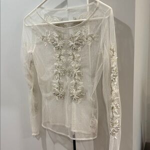 Anthropologie Sheer Embroidered Blouse - Cream